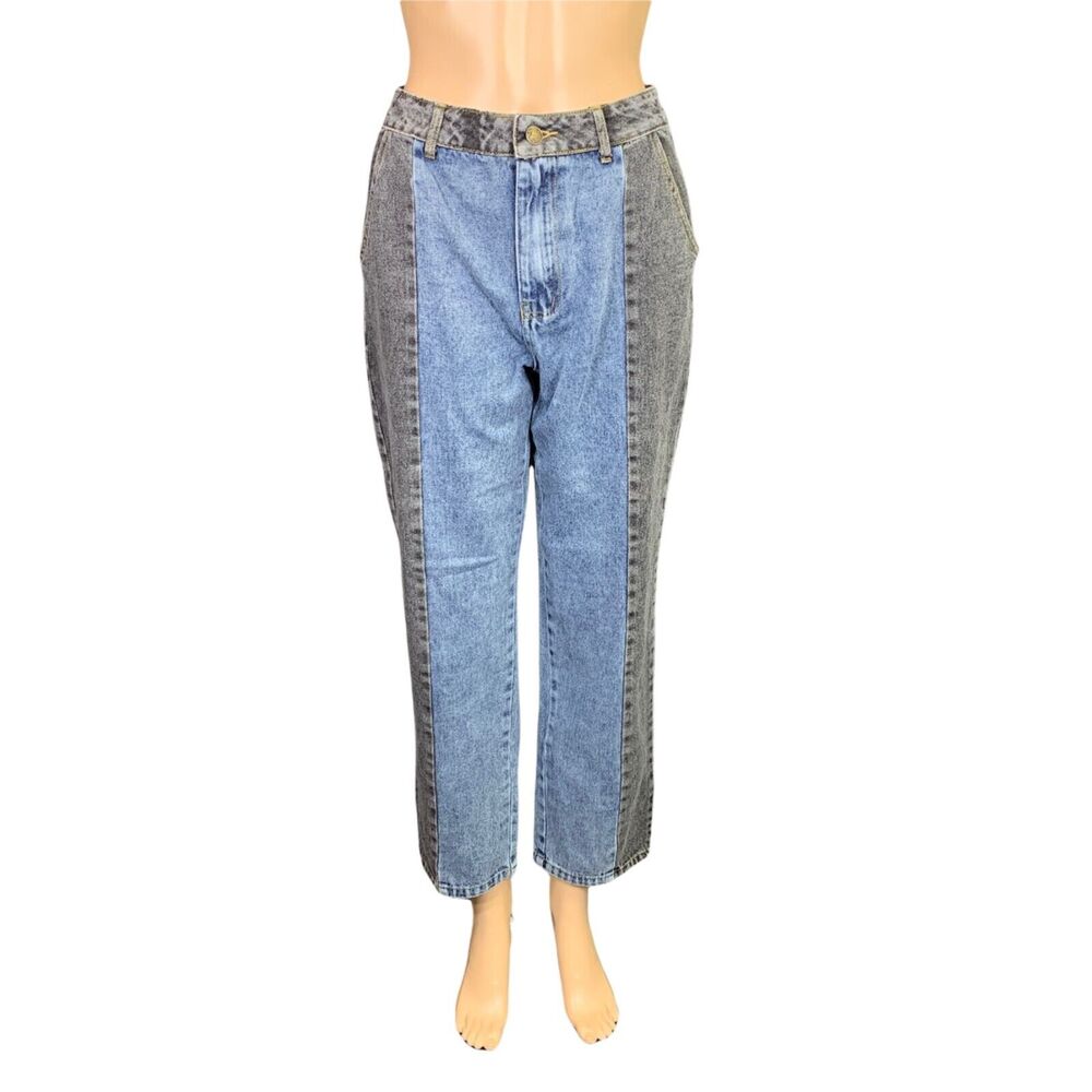 Shein Womens Denim Blue Jeans Retro High Waist Colorblock Mom Jeans Cropped XS